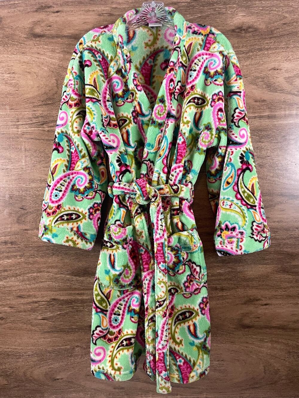 Vera Bradley Fleece Robe S/M Green Pink Paisley Plush Lounge Bathrobe Belted